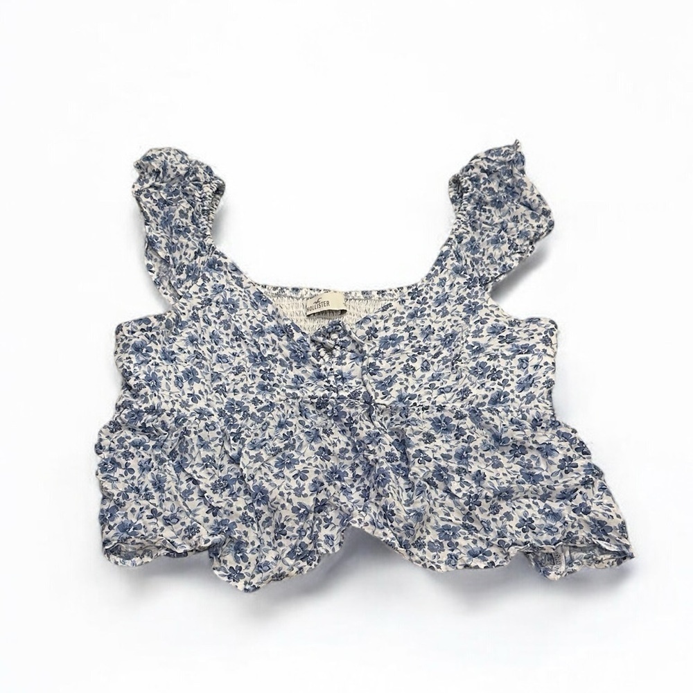 Hollister Blue Floral Cropped Tank Top Loose Ruffle Top Large